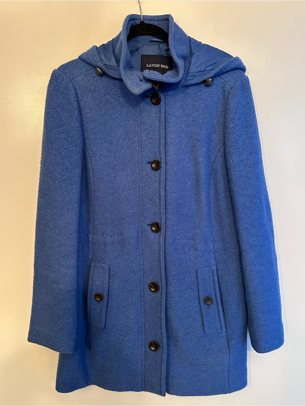 Lands' End Blue Wool-Blend Hooded Pea Coat